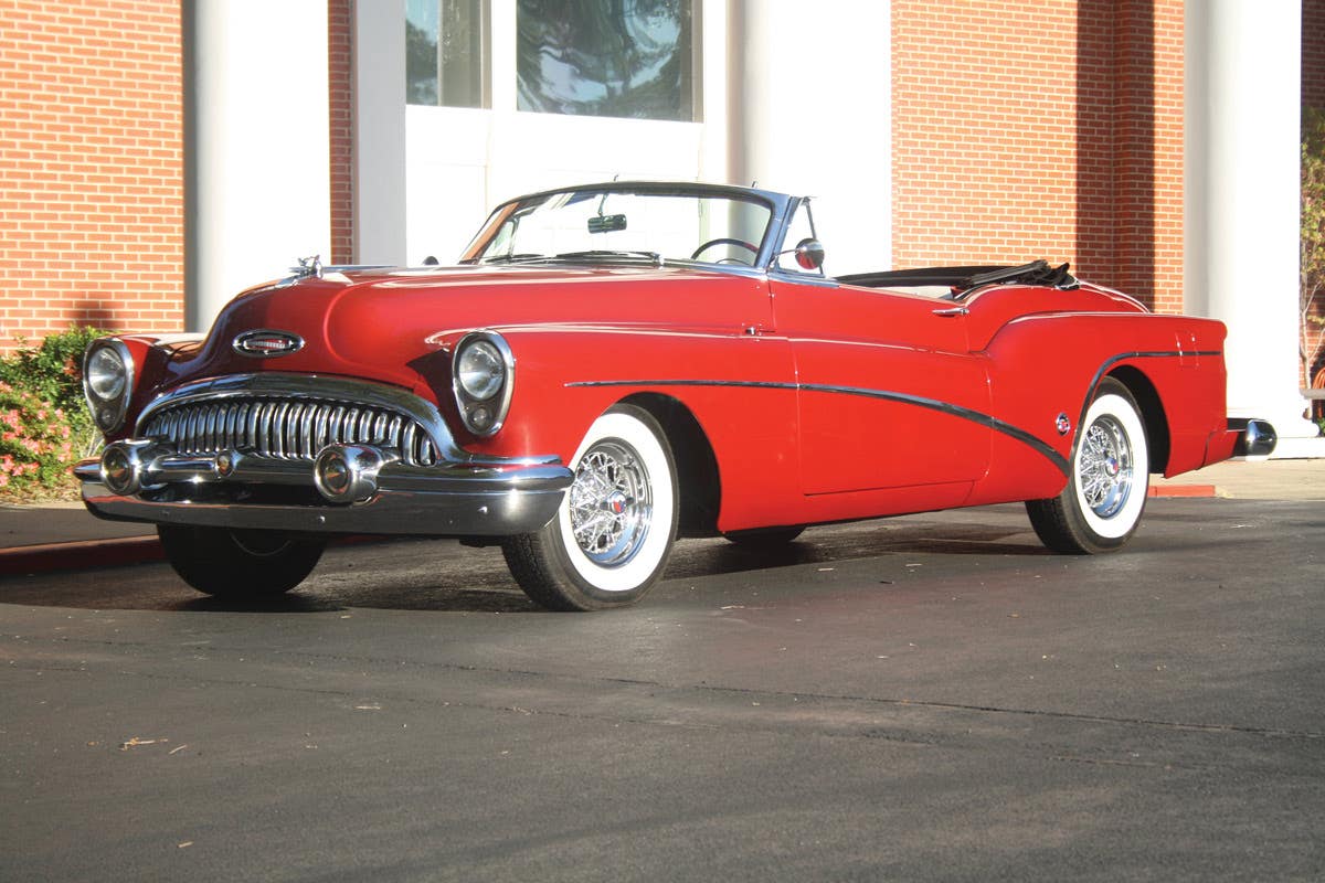 The 1953 Skylark shown here is owned by Rick Smith of Longview, Texas. Buick’s Skylark was a limited-production, factory custom model loaded with convenience and appearance equipment. The list price was $5,000, making it far and away the most expensive model offered by Buick that model year. This example is painted Mandarin Red.
