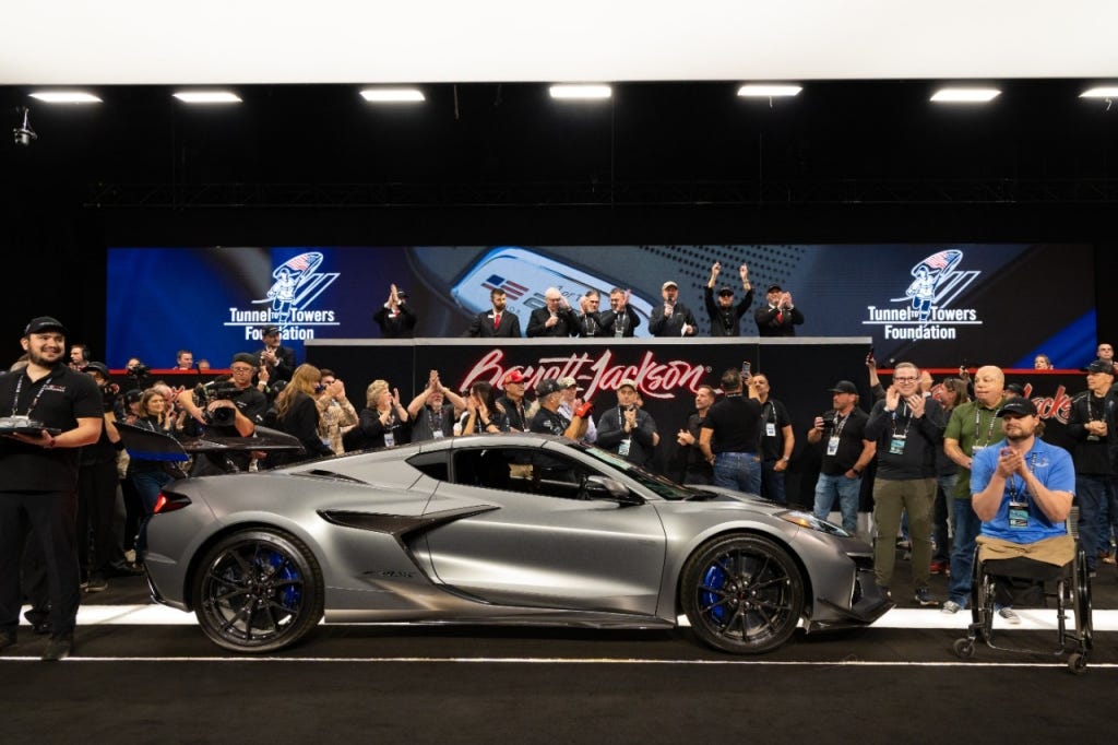 A 1-of-1 Chevrolet Corvette ZR1X which sold for $2.6 million at the 2026 Barrett-Jackson Scottsdale Auction, with 100 percent of the hammer price benefitting the Tunnel to Towers foundation.