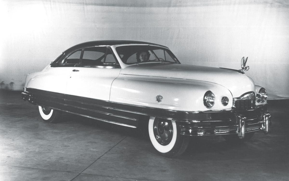 A front three-quarter view of the completed 1949 Packard Monte Carlo Coupe; note the unusual parking lamp treatment between the top of the ox-yoke grille and headlamp.