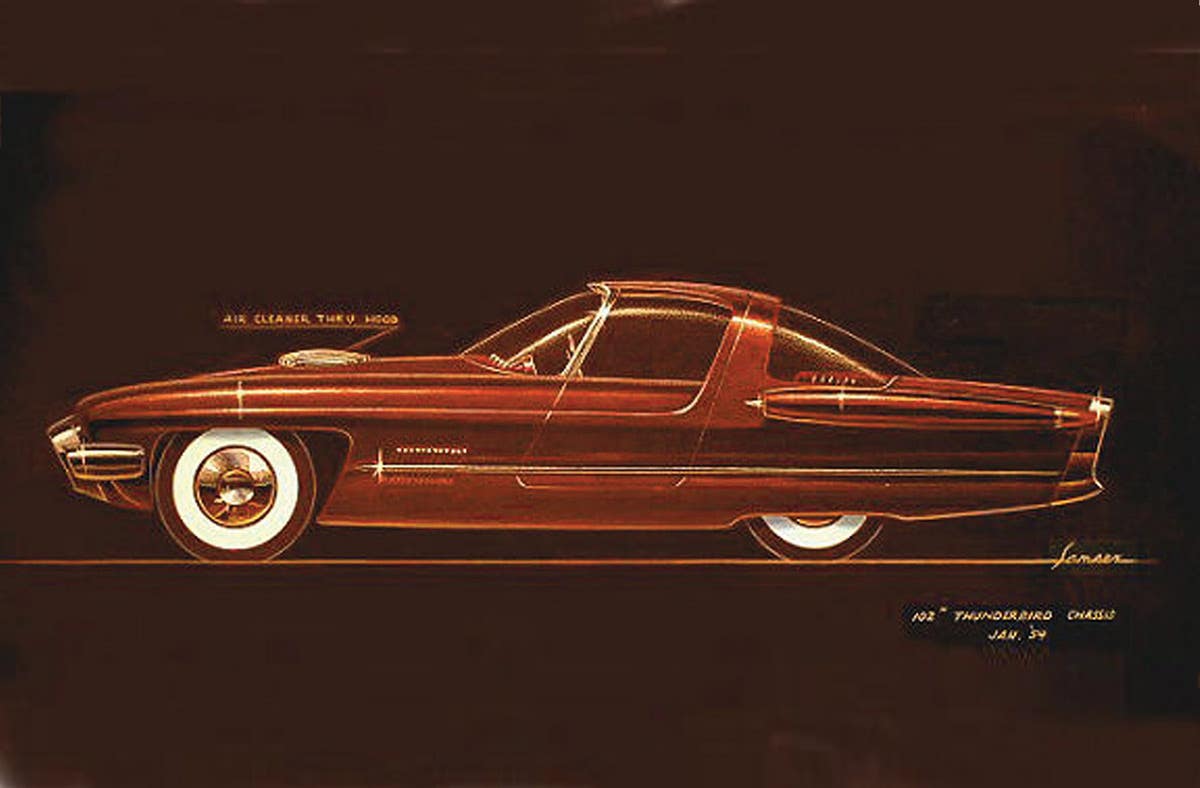 This 1954 rendering by John R. Samsen was created as a proposal for a second-generation two-seat Thunderbird. It later provided the basis for the Cougar 406 coupe.