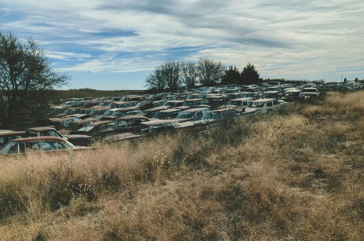 The yard property of Stapleton Salvage & Auto Repair is narrow and long. This image showing a small portion of the yard is indicative of how vehicles are arranged. The terrain is mildly hilly, and tumbleweeds are plentiful.